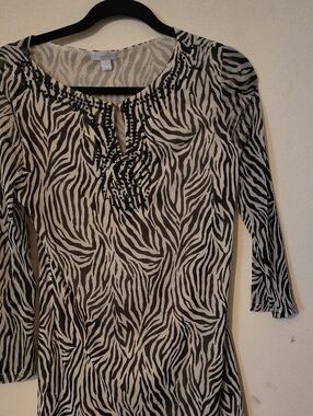 Charter Club Black and White Zebra Print Beaded Neckline Top